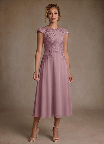 Azazie Crista Mother of the Bride Dresses Vestido Rosa Empoeirada de Chiffon de Linha A com Renda image1