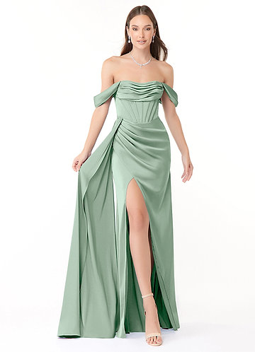 Azazie Amyra Bridesmaid Dresses Agave Mermaid Off the Shoulder Stretch Satin Convertible Dress image1