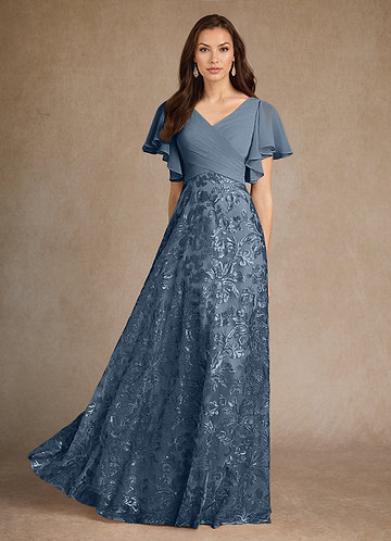 Azazie Fallon Vestidos de Madre de la Novia Vestido de Azul Polvoriento de Encaje de Corte En A con Plisado image1