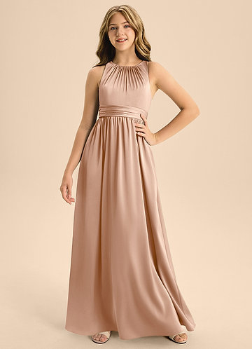 Azazie Jaylah Junior Vestido de Rosa Inglesa de Satén Elástico de Corte en A con Plisado image1