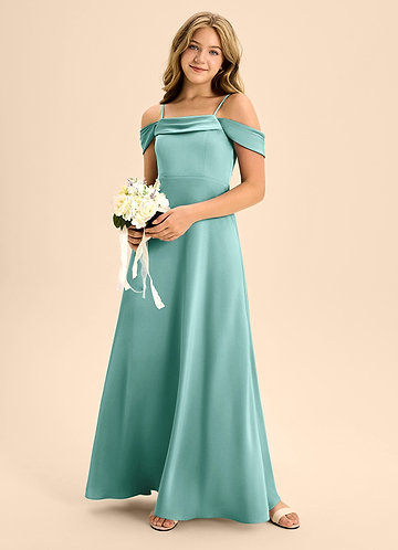 Azazie Anselie Junior Vestido de Aqua de Satén Elástico de Corte En A con Vestidos sin tirantes image1