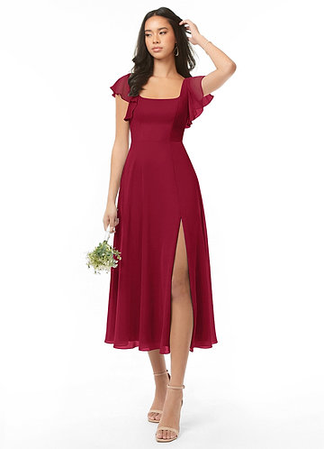white christmas dresses Burgundy Knee Length Long Sleeves Chiffon Wedding Guest Dress – Rebecca's  of Clinton main image 0