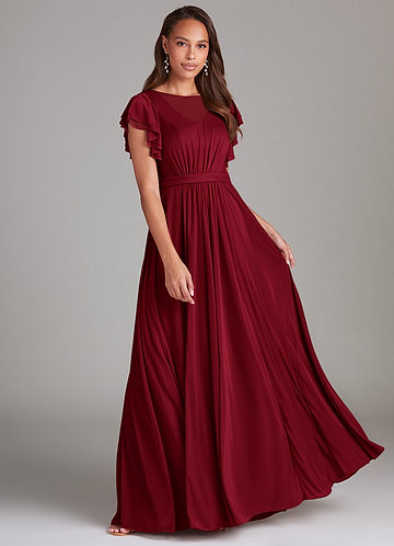 Azazie Daphne Modest Bridesmaid Dresses A-Line Ruched Mesh Floor-Length Dress image1