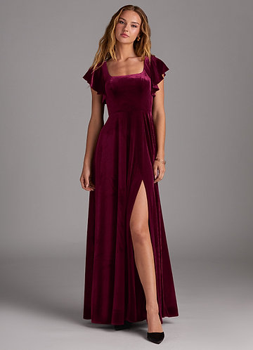 Azazie Bondi Bridesmaid Dresses Cabernet A-Line Side Slit Velvet Dress image1