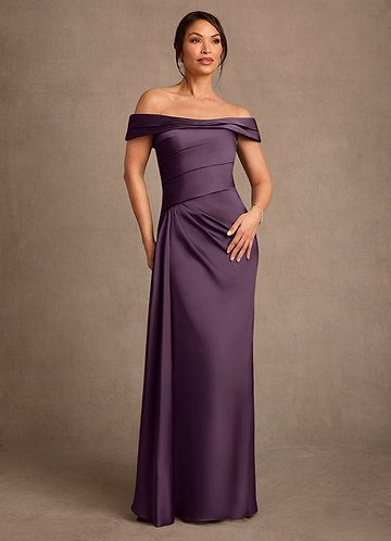 Azazie Beah Mother of the Brides Dresses Plum Sheath Off the Shoulder Stretch Satin Dress image1