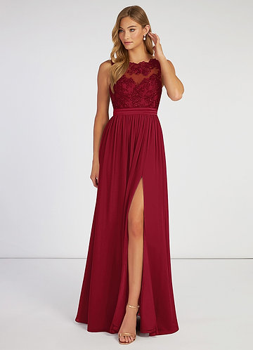 Elly Merlot A-Line Lace Scoop Neck Chiffon Dress image1
