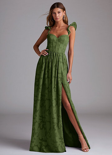 Azazie Denisse Bridesmaid Dresses Vestido Oliva de Esgotamento Floral de Linha A com Ruched image1