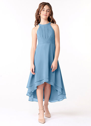 Azazie Linna Junior Vestido de Azul Acero de Gasa de Corte En A con Plisado image1