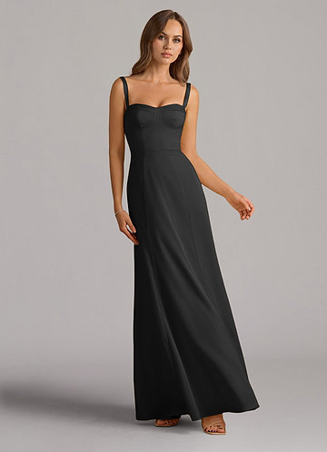 Azazie Amaris Bridesmaid Dresses Vestir Preto de Cetim elástico de Linha A com Espartilho image1