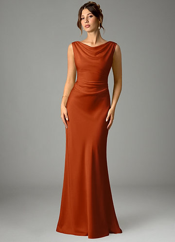 Azazie Kieryn Bridesmaid Dresses Burnt Orange Mermaid Pleated Stretch Satin Dress image1