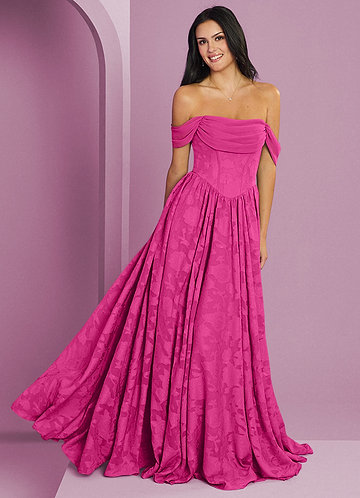 Barbie ♥ Azazie Robes Demoiselle d'honneur Robe Trapèze Convertible en Blumen-Burnout Épaule décolletée Barbie Rose image1