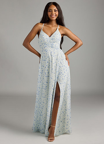 Azazie Clarice Blue And White Ditsy Floral Chiffon Bridesmaid Dresses |  Azazie