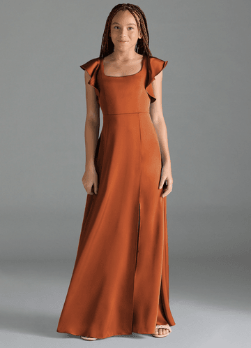 Azazie Bondi Junior Vestido Canela de Cetim elástico de Linha A com Fenda Lateral image1