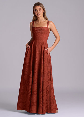 terracotta floral bridesmaid dress Bridesmaid Terracotta Color Dress Spaghetti Straps V-Neck Ruched Floor Length Stretch Satin Bridesmaid Dress With Slit
