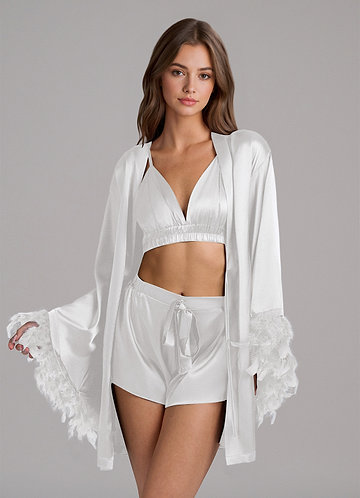 front Satin 3-Piece Loungewear Set With Feather Sleeves
