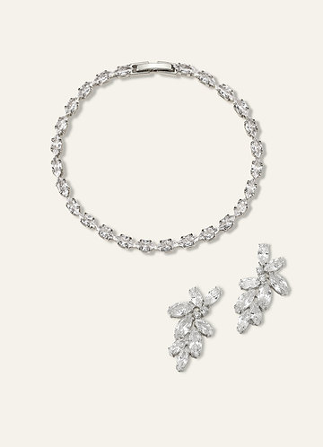 front Zestaw biżuterii z botanicznym liściem i cyrkonią tenisową