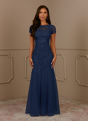 blue dress for baby girl Navy Blue Long Formal Dress with Sheer Sleeves Navy / 10 main image 1