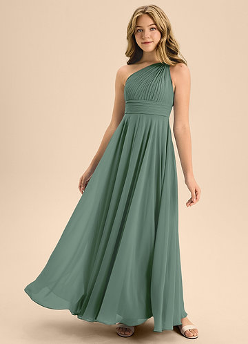 Azazie Charlize Junior Eucalyptus A-Line Pleated Chiffon Dress image1