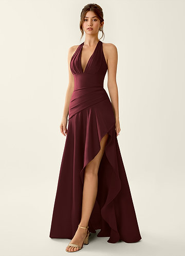 Titania Wine Satin V-neck Ruffled Prom Dress image1