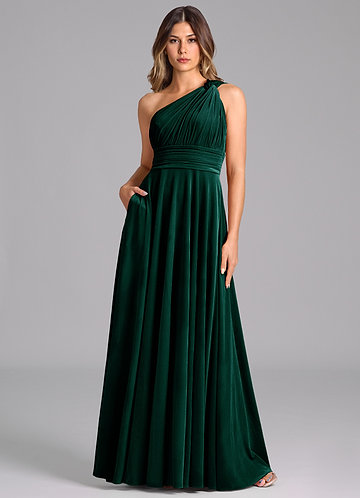 Azazie Charlize Bridesmaid Dresses Emerald A-Line One Shoulder Velvet Dress image1