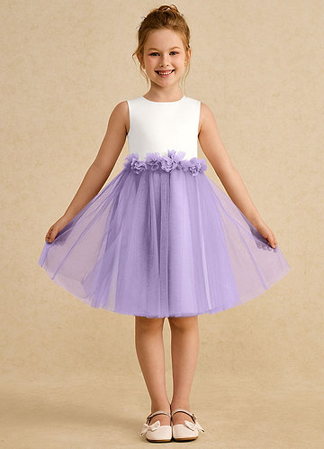Azazie Louisa Vestidos de Niña de Flores Vestido de Marfil Lila de Tul de Corte en A con Sin mangas image1