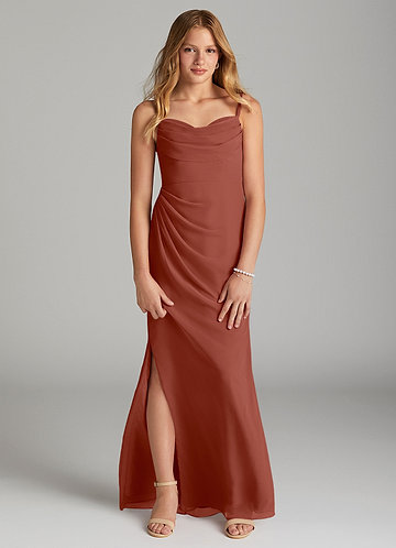 Azazie Mai Junior Vestido Castanho Aloirado de Chiffon de Bainha com Plissado image1