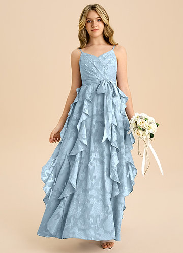 Azazie Peyton Junior Vestido de Azul Cielo de Devorado Floral de Corte en A con Plisado image1