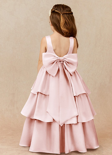 Azazie Margie Flower Girl Dresses Blushing Pink A-Line Bow Stretch Satin Dress image1