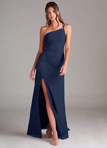 Azazie Eren Vestidos Dama de Honor Vestido de Azul Marino Oscuro de Gasa de Corte Recto con Hombro unilateral image1