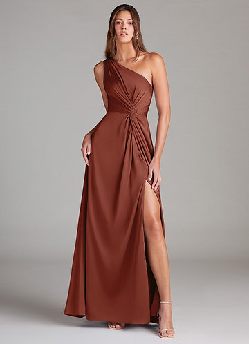 Azazie Brooke Bridesmaid Dresses Auburn A-Line One Shoulder Stretch Satin Dress image1