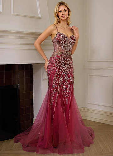Josepheas Burgundy Beading Tulle Mermaid Corset Prom Dress image1