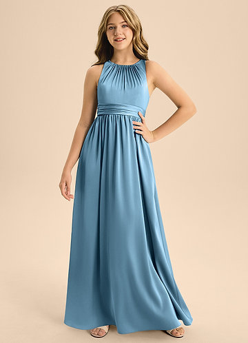 Azazie Jaylah Junior Vestido de Azul Acero de Satén Elástico de Corte en A con Plisado image1