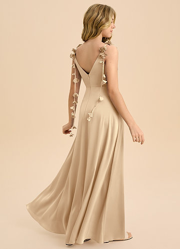 Azazie Gumdrop Junior Champagne Empire Pleated Stretch Satin Dress image1