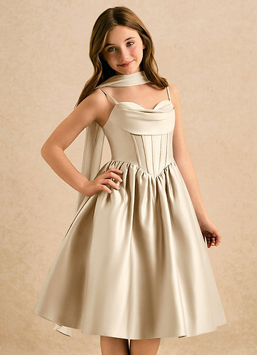 Azazie Shona Girls Formal Bloemenmeisjes Jurken A-Lijn Jurk van Mat Satijn Sweetheart Halslijn Champagne image1