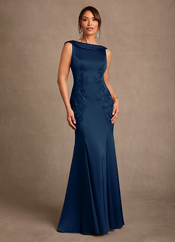 Azazie Franny Klänningar till brudens mor Klä Tubklänning i Stretch Satin Spets Mörk Marinblå image1