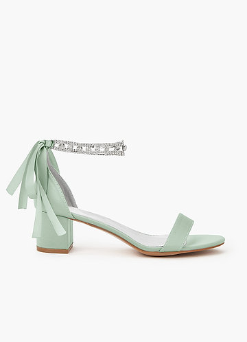front Matching Color Matte Satin Rhinestone Strap Block Heel Sandals