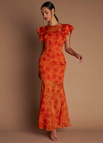open lace back dress Final Sale Plus Size Off The Shoulder Frill Tiered Maxi Dress with Slit in Burnt Orange Tomato Red