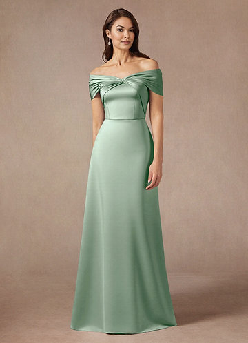 Azazie Amelia Mother of the Brides Dresses Agave A-Line Off the Shoulder Stretch Satin Dress image1