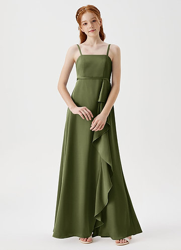 Azazie Kaylee Junior Olive A-Line with Belt Stretch Satin Dress image1