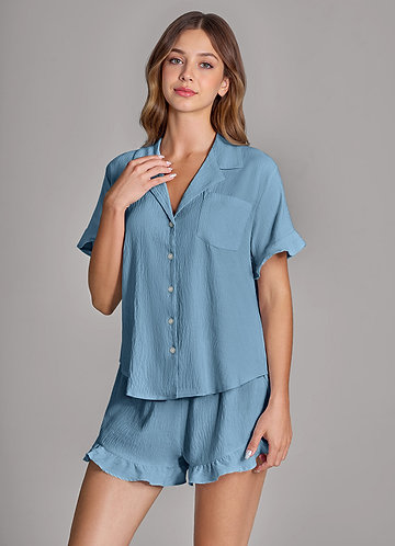 front Dusty Blue Ruffled Cloud-Soft Pajama Set