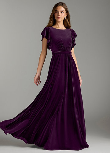 Azazie Daphne Modest Bridesmaid Dresses A-Line Velvet Floor-Length Dress with Belt image1