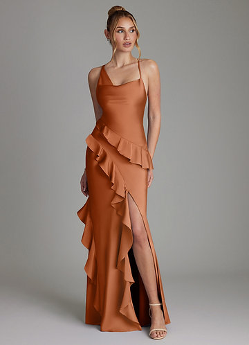 Azazie Jayda Robes Demoiselle d'honneur Robe Trapèze en Satin extensible Rayé Cuivre image1