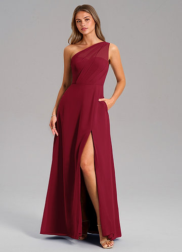 Azazie Phaedra Bridesmaid Dresses Vestido Borgonha de Chiffon de Linha A com Um ombro image1