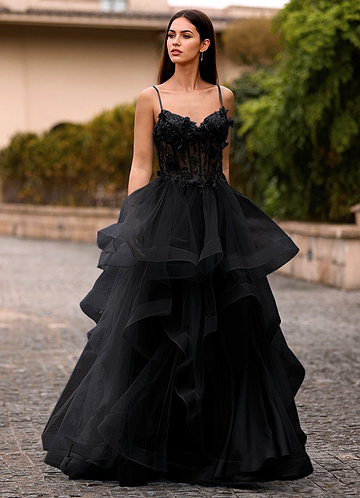 Dreama Noir Robe de bal corset en dentelle à volants image1