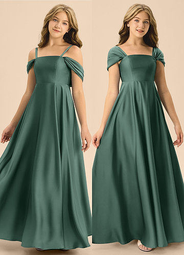 Azazie Rowena Junior Vestido de Eucalipto de Satén Elástico de Corte en A con Lazo image1