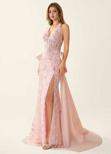 Zahra Pink Sparkly V-neck Mermaid Lace Up Back Prom Dress image1