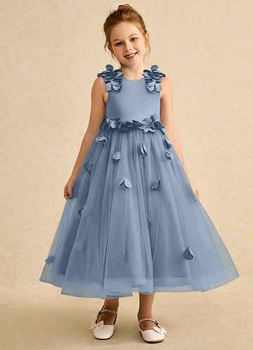 Azazie Atta Bloemenmeisjes Jurken A-Lijn Jurk van Tule One-Shoulder Stoffig Blauw image1