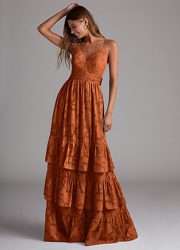 orange floral dress bridesmaid Bridal Party with Bridesmaids in Cowl Neck Midi Burnt Orange Bridesmaids  Dresses