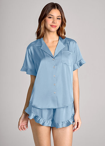 front Matching Color Ruffled Short Sleeve Pajama Set