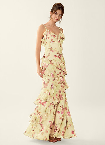 Rosabelle Jaune Clair Robe de bal sirène en dentelle à col V et dos nu image1